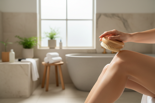 Woman dry brushing her skin using a palm-held body brush