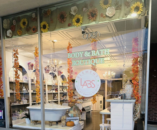 Element LABS Bath & Body Boutique storefront decorated for fall in Avon Lake, Ohio